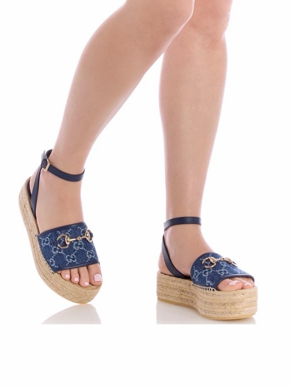 GUCCI GG MONOGRAM DENIM PLATFORM ESPADRILLE SANDALS LEATHER STRAP HORSEBIT SZ 40
